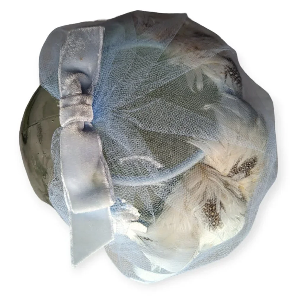 Vintage Light Blue with Feathers & Net Pinch Hat - Picture 6 of 9